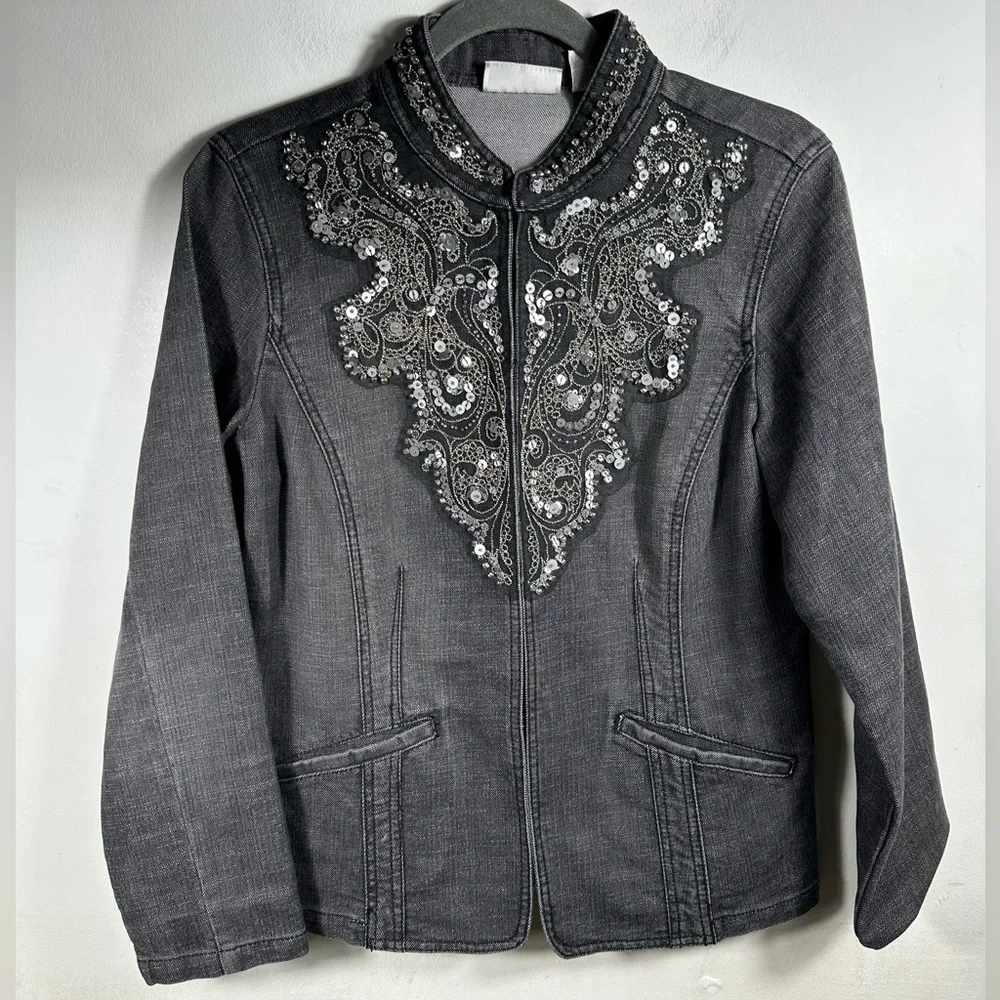 Chico’s Embellished Denim Jacket Gray Beaded Sequin Zip Women’s‎ Size 1